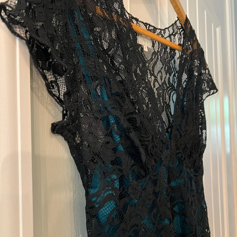 Ruth Anthropologie Elegant Black Teal Lace Silk Slip Dress Size 4 - Picture 4 of 12